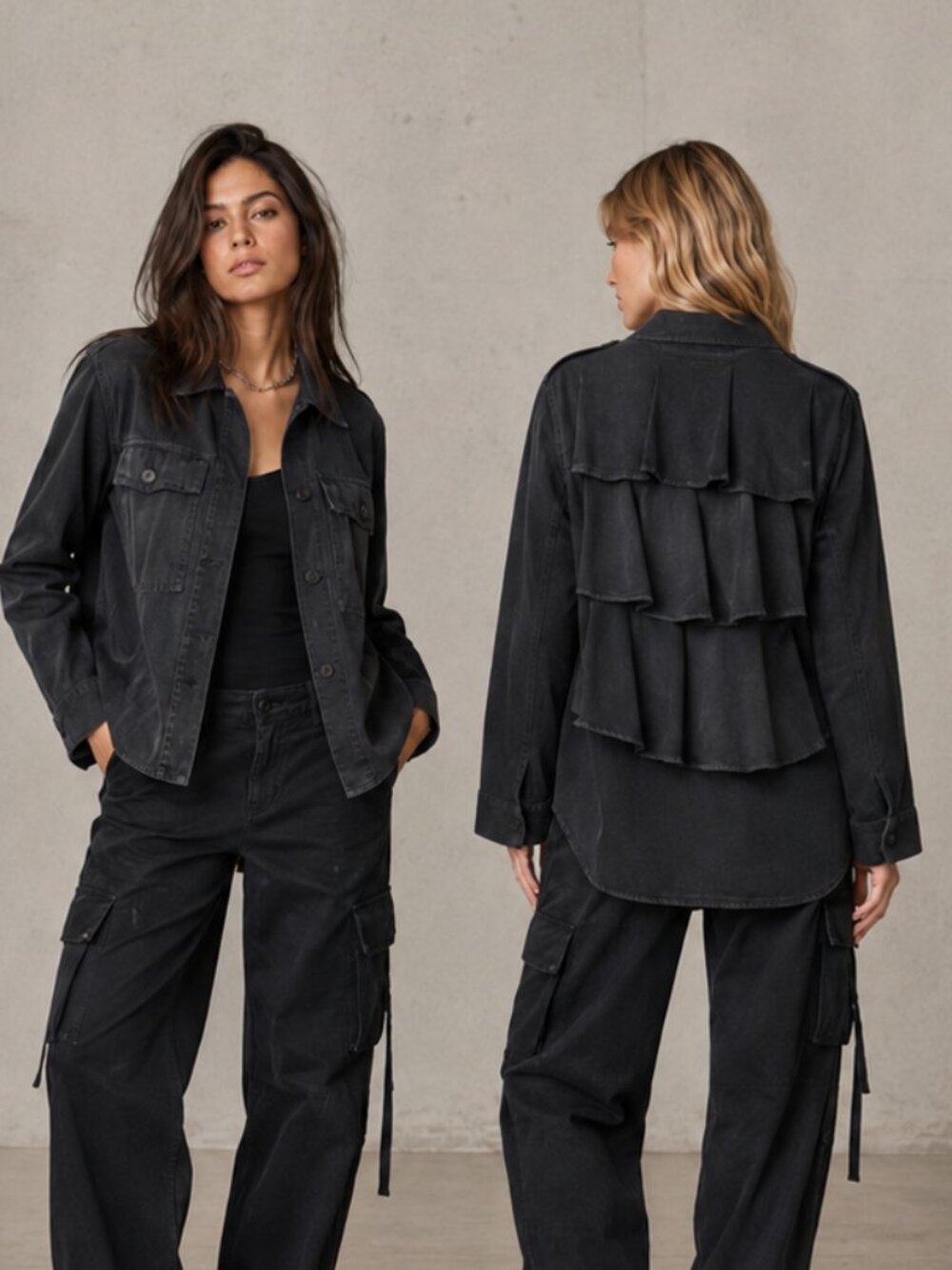 AMO Faded Black Utility Shirt Jacket Ruffle Back Oversized Shacket